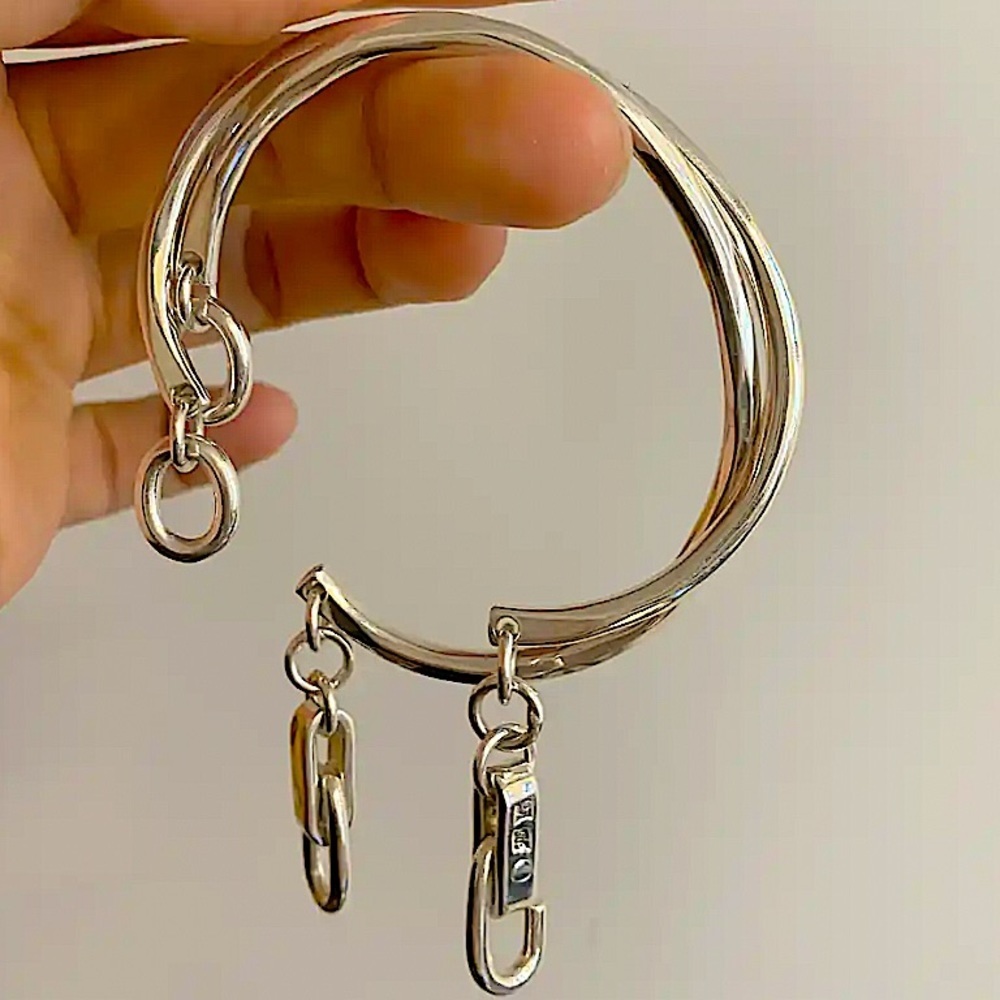 Stampd Silver Tone Double-Band Keyring Bracelet with Clip Charms